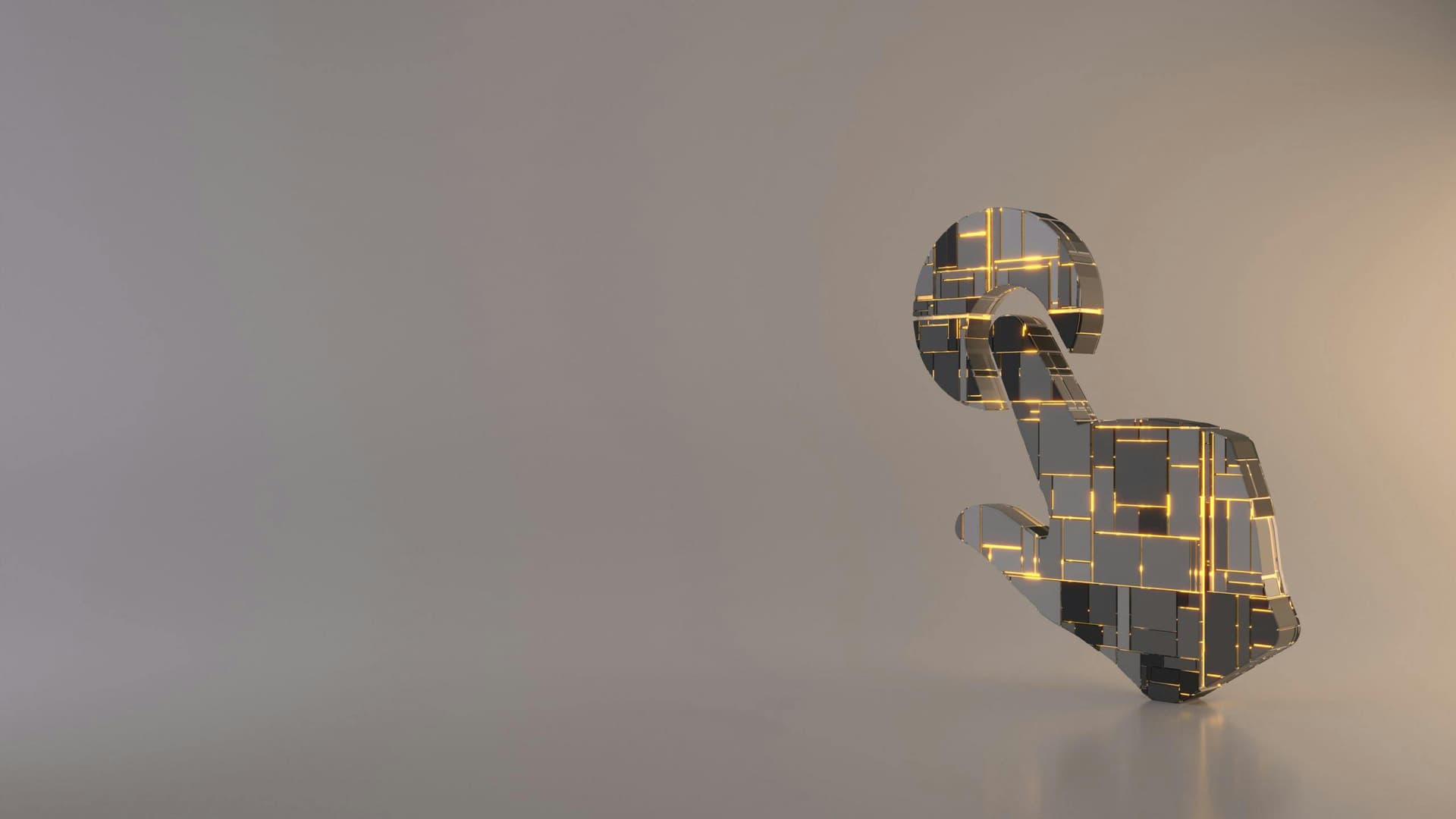 A metallic, grid-patterned arrow points downward against a plain, light gray background, with a glowing grid design highlighting the arrow’s structure.