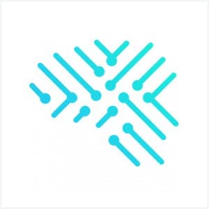 Blue lines and dots forming an abstract brain shape, symbolizing technology and connection, on a white background.