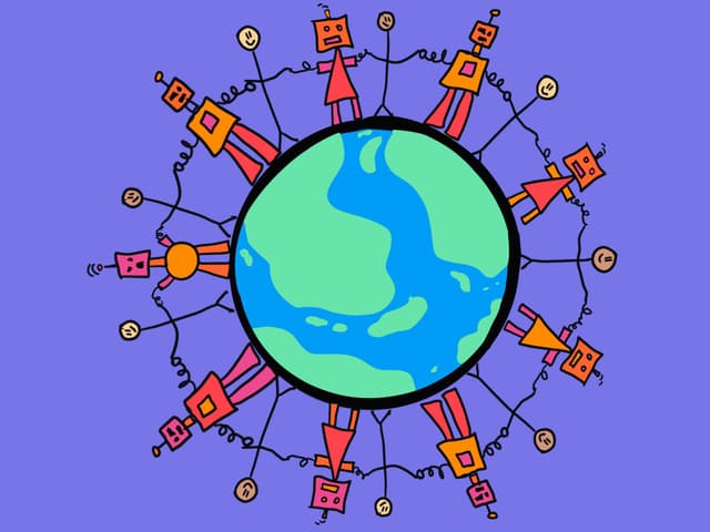 Robots with simplistic, geometric designs holding hands encircle a blue and green Earth on a purple background, representing unity around the world.