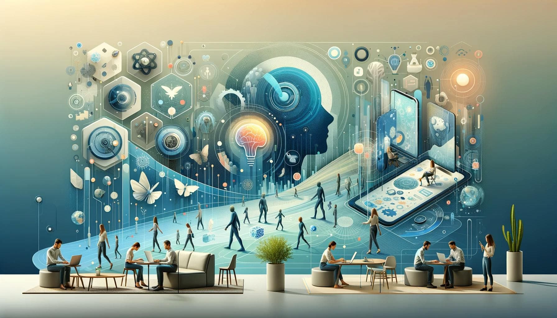 The image shows a futuristic, collaborative workspace. In the foreground, people are working together in small groups on laptops and tablets, seated at minimalistic tables and couches. The background features a large digital mural filled with various technological icons, gears, and human-like figures. A glowing lightbulb symbolizes innovation at the center, with elements like butterflies, screens, and neural networks surrounding it.