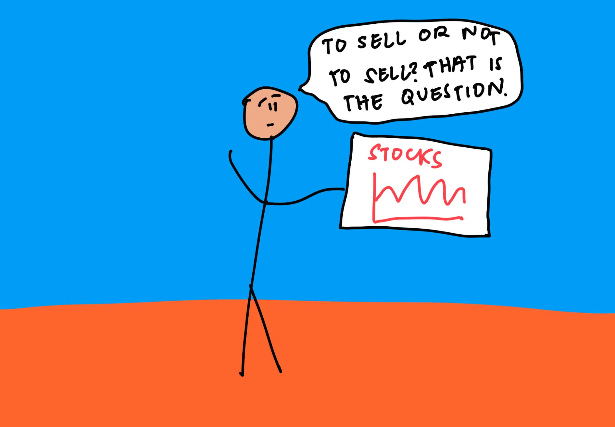 disposition effect person looking a bit like Hamlet saying 'to sell or not to sell. that is the question' - he's holding a piece of paper that says 'stocks and shares' or something like that.