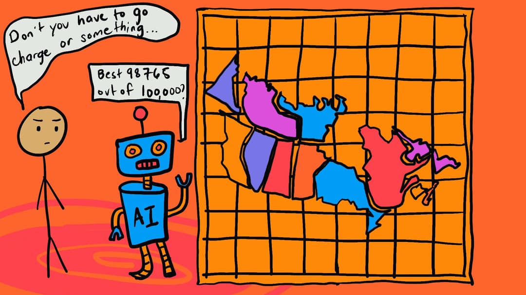 stick man and a robot looking at a map