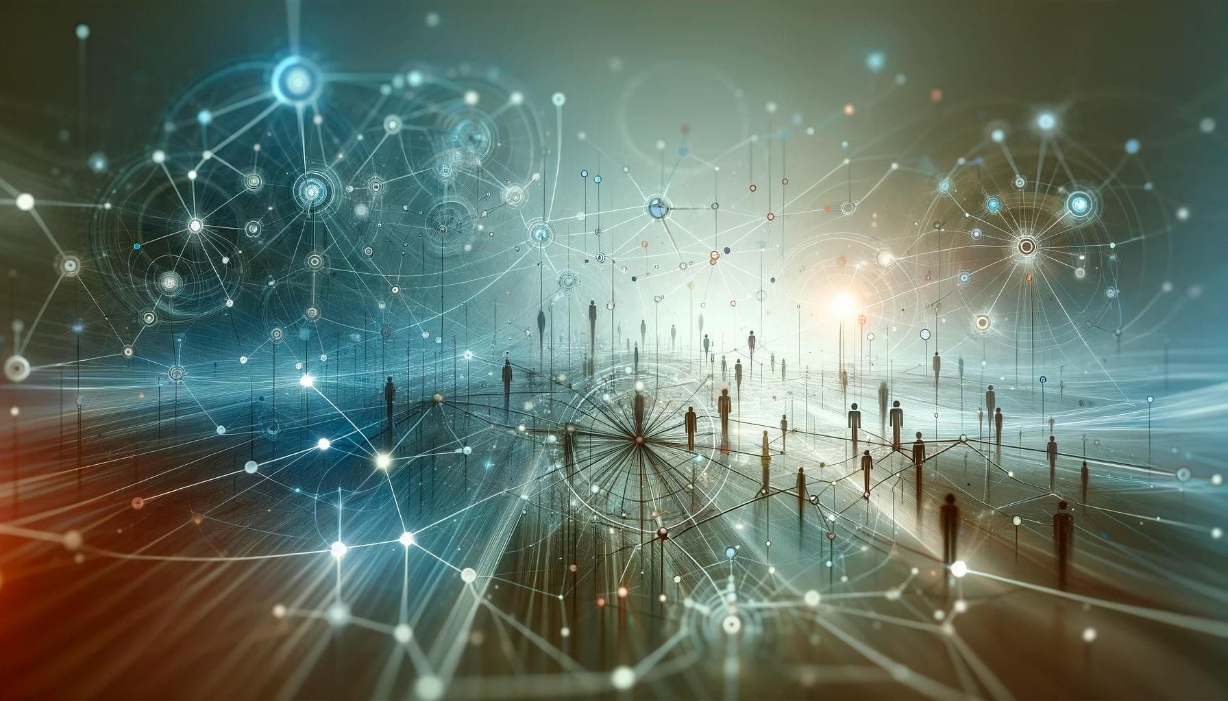 The image depicts a network of interconnected nodes, lines, and abstract figures, creating a visual representation of a digital or information network. There are various glowing points connected by thin, intersecting lines, with some elements resembling technological circuits. Small human-like figures are spread across the scene, standing on a surface that suggests a networked, futuristic environment. 