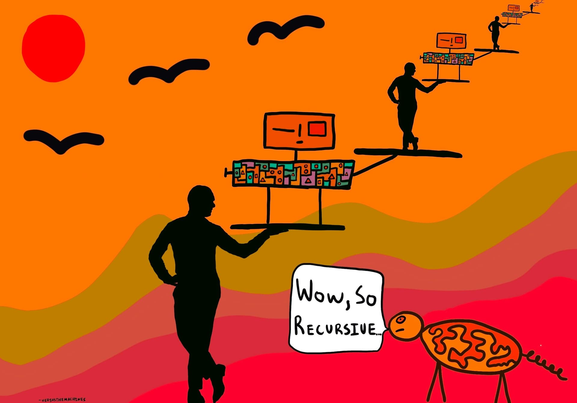A silhouette of a person holds a platform displaying a computer, repeating into the distance against a colorful landscape. A speech bubble reads, "Wow, So Recursive..." accompanied by an abstract animal figure.
