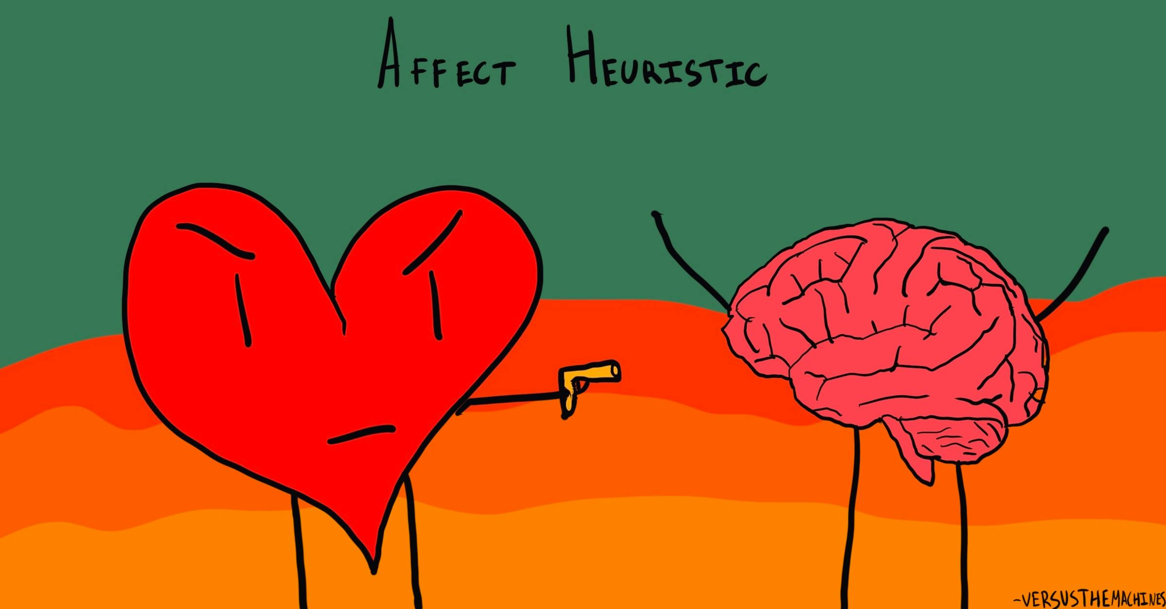 An illustration showing a stern-looking heart pointing a gun at a brain. The text 'Affect Heuristic' is displayed at the top.