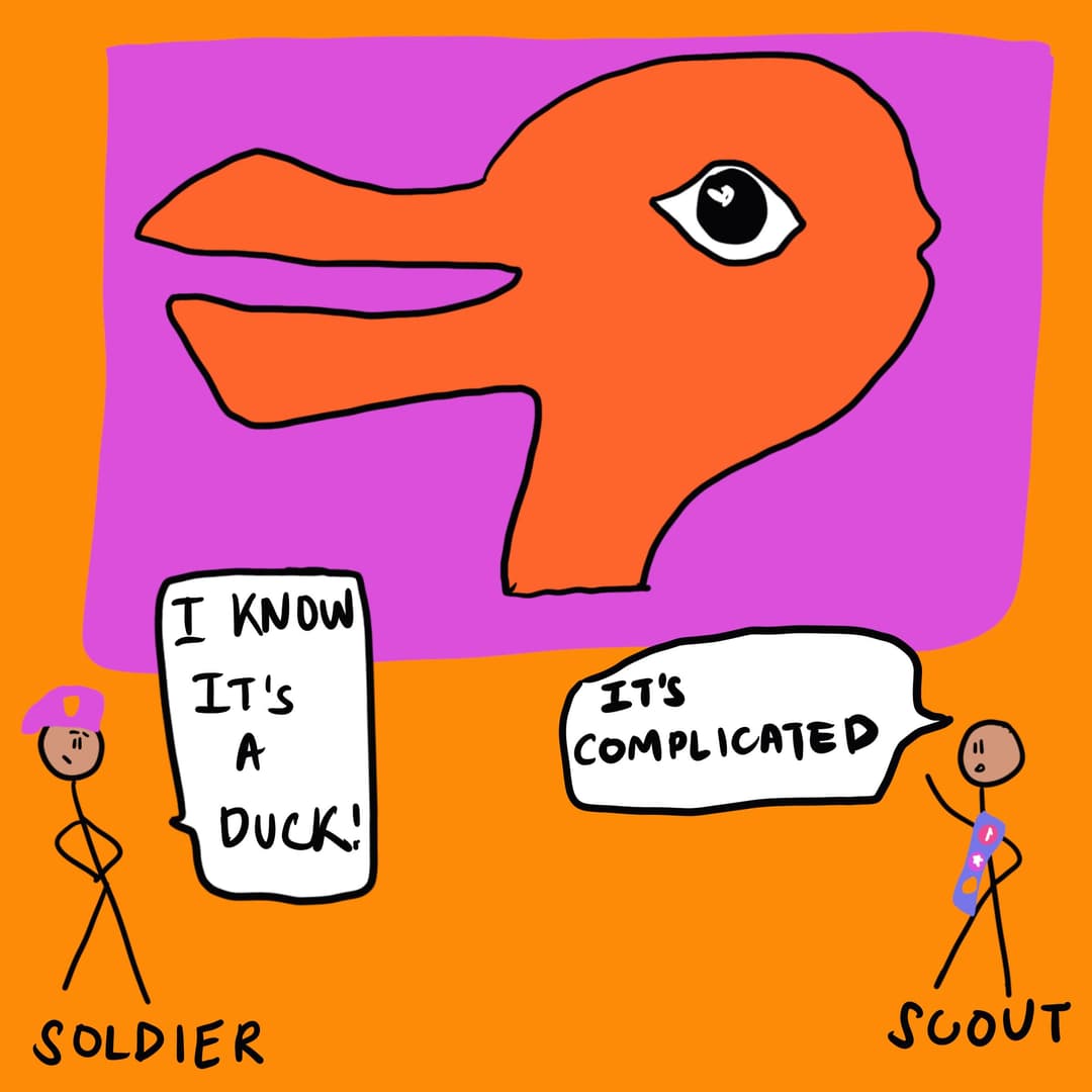 The image features a cartoon-like drawing with an ambiguous figure in the center that can be seen as both a duck and a rabbit, depicted in orange against a purple background. On the left side of the image, a stick figure labeled "SOLDIER" with arms crossed says, "I KNOW IT'S A DUCK!" On the right, another stick figure labeled "SCOUT" holds their chin while saying, "IT'S COMPLICATED." The scene visually highlights the concept of perception and differing perspectives.
