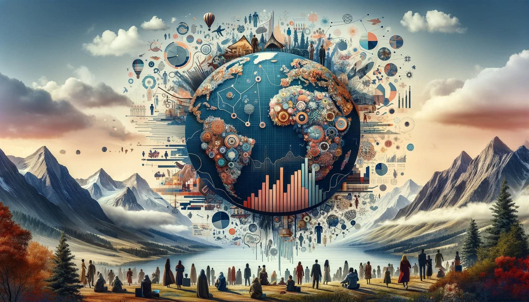 This image shows a globe at the center, intricately designed with gears, data charts, and patterns representing different global themes such as technology, industry, and nature. Surrounding the globe are diverse groups of people gazing at it, with snow-capped mountains and a natural landscape in the background.