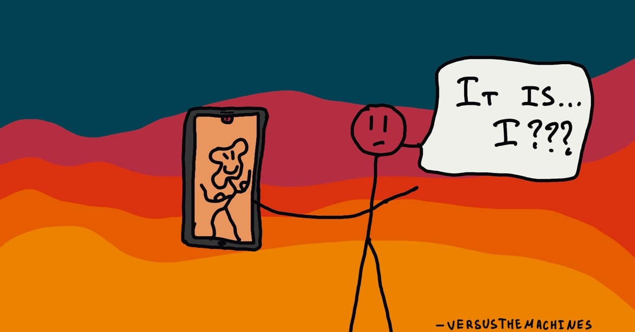 Stick figure looking at reflection on phone screen, confused, saying “It is… I???” — captioned “versus the machines” on colorful background.