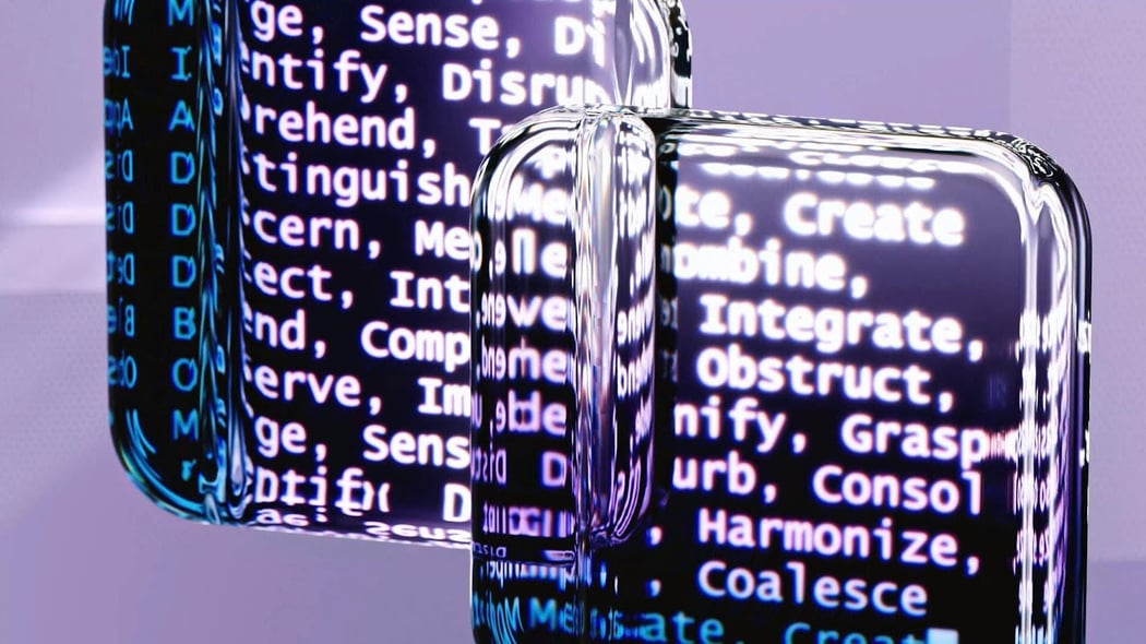 Close-up of reflective glass surfaces showing projections of white programming-like text on a dark background. Words such as “Identify,” “Integrate,” “Grasp,” and “Harmonize” appear prominently, with the reflections creating a futuristic, abstract digital aesthetic that references the capabilities of language models.