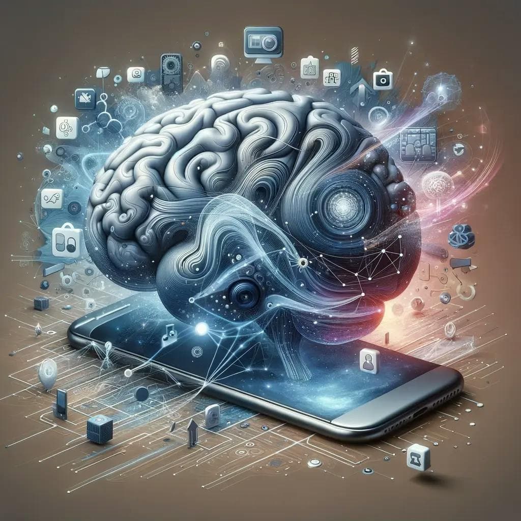 A human brain emerging from a smartphone with interconnected digital icons and symbols surrounding it, illustrating technology and information integration in a digital, futuristic environment.