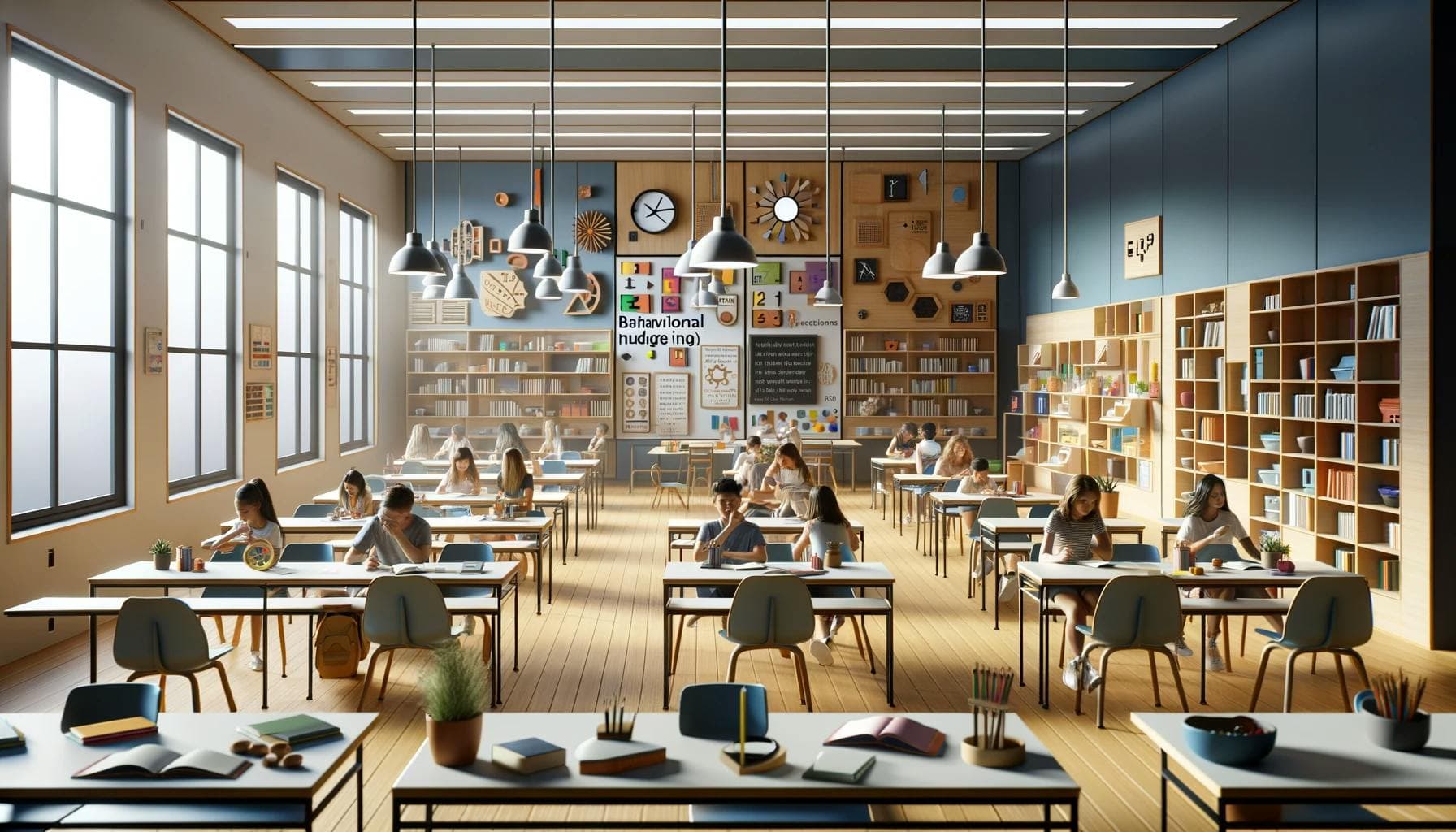 a modern classroom with large windows along the left side, filling the room with natural light. Several students are seated at individual desks, focused on their work. The room is decorated with shelves of books and educational materials on the walls.