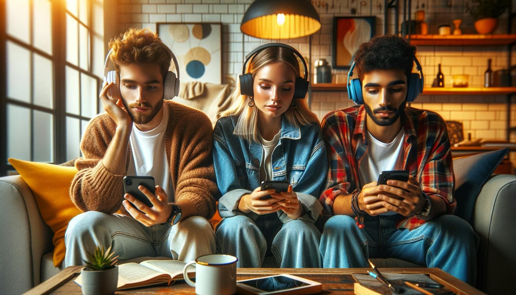 Three people sit on a couch, wearing headphones and looking at their phones. A coffee table in front of them holds a mug, an open book, and a tablet. The room is warmly lit, creating a cozy atmosphere.