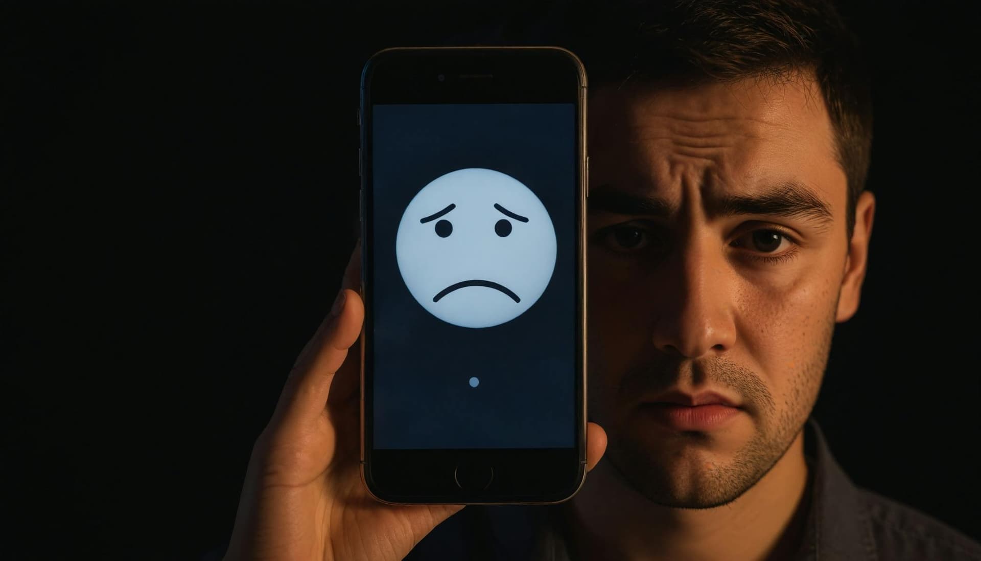 A person holding a phone showing a big sad face.