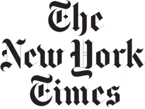 The New York Times logo displays the newspaper's name in a black Gothic typeface against a transparent background.