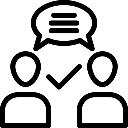 two people conversing with a check mark